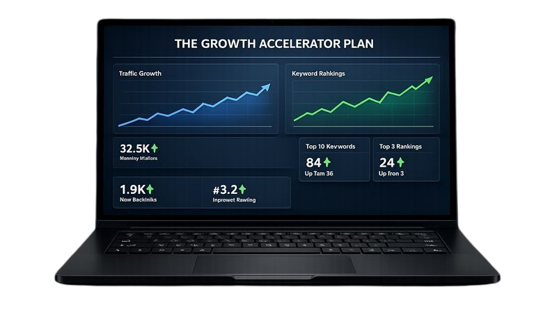SEO Services in Tucson AZ growth dashboard on a black laptop for the Growth Accelerator plan.