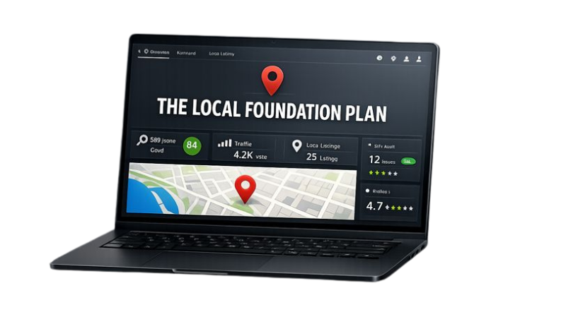 SEO Services in Tucson AZ dashboard shown on a black laptop for the Local Foundation plan.