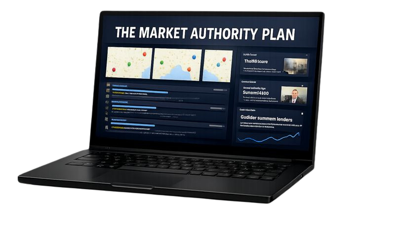 SEO Services in Tucson AZ authority dashboard on a black laptop for the Market Authority plan.